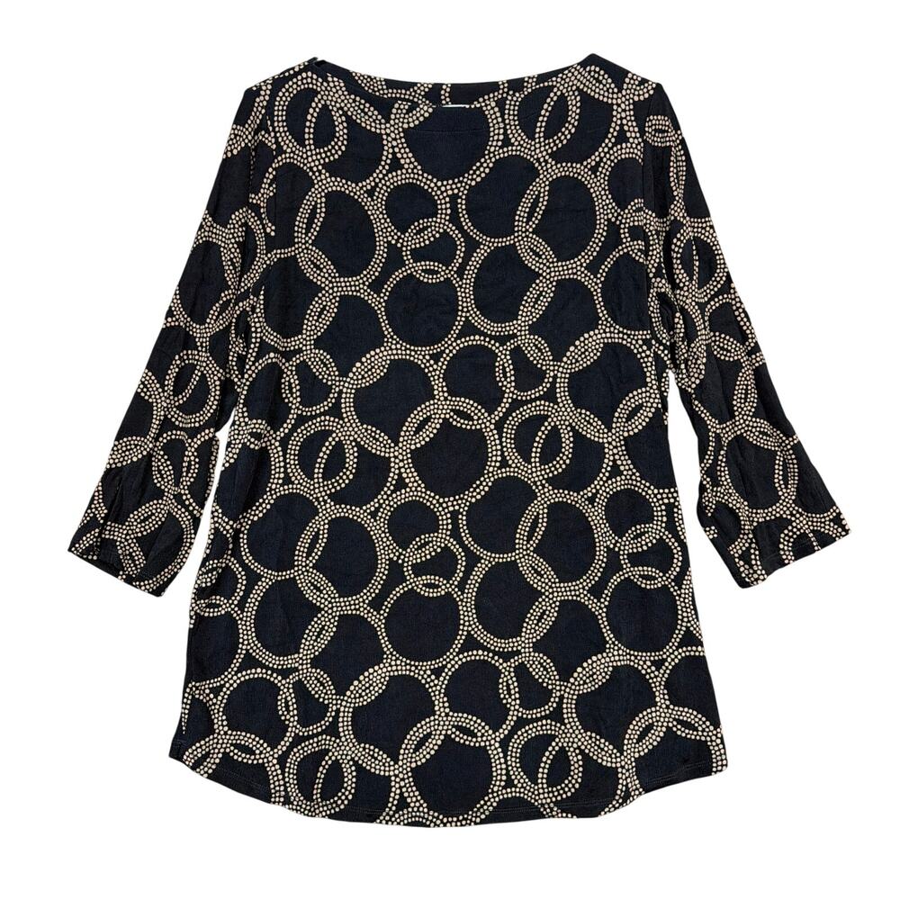 Chicos Travelers Women Blouse Black Tan Geometric Boat Neck 3/4 Sleeve Slit 1(M)